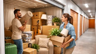 Casal guardando mudança em um guarda móveis
