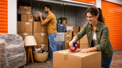 Casal guardando mudança no self storage