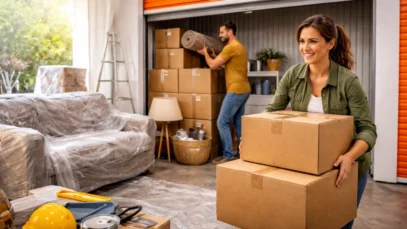 Casal guardando móveis no guarda móveis self storage